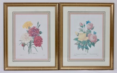 deux tableaux représentant des fleurs, dans un cadre doré, accrochés à un mur blanc