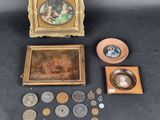 a picture of a collection of coins and a picture of a woman
