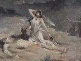 a painting of a woman laying on the ground next to a dog