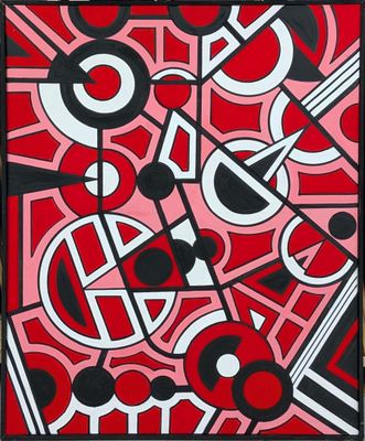 une peinture abstraite représentant un motif rouge, noir et blanc