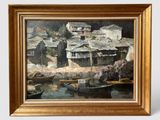une photo d'un tableau représentant un village au bord de l'eau