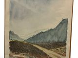 watercolor painting of a mountain landscape with a dirt road