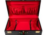 a black suitcase with red linings on a white background