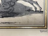 a drawing of a man riding a horse on the beach