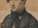 painting of a man in a military uniform holding a book