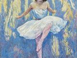 une peinture à l'huile représentant une ballerine vêtue d'une robe blanche et d'un bandeau