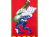 une bannière rouge sur laquelle figure l'image d'un homme tenant une bouteille de bière