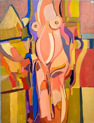 peinture abstraite représentant une femme nue debout devant un miroir