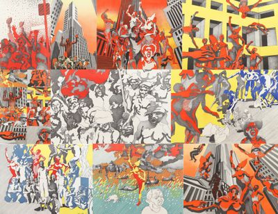 a collage of pictures of people and buildings on a wall