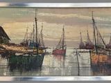 a picture of a painting of boats in the water