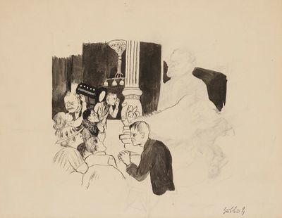 drawing of a group of people sitting around a table with a statue in the background