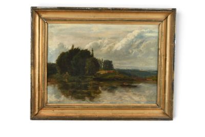 an image of a painting of a river with trees in the background