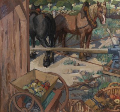 a painting of two horses pulling a cart of apples