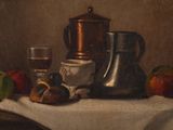 a painting of a tea pot and a glass on a table