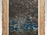 a painting of blue flowers in a gold frame on a white background