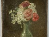 une peinture de fleurs dans un vase vert sur une table