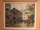 a painting of a city street scene with people walking