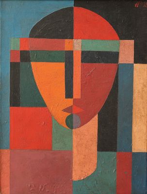 peinture abstraite représentant le visage d'une femme sur un fond multicolore