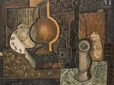 a painting of a clock and a vase on a table