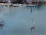 a picture of a painting of a lake with a boat in it