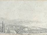 un vieux dessin représentant une vue d'une ville depuis une colline