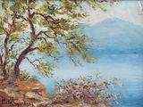 an oil painting of a tree by the water with a mountain in the background
