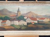 an oil painting of a village with a clock tower on top of a hill