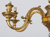 a gold colored chandelier with two lights on it