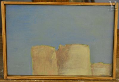 une peinture à l'huile représentant un paysage désertique avec un ciel bleu en arrière-plan