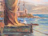 a painting of a man sitting on a boat in the water