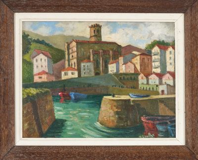 an oil painting of a town by a body of water