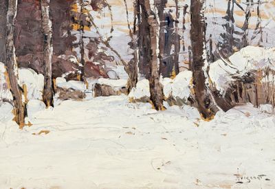a painting of a snow covered path in the woods