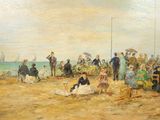 a painting of a group of people on the beach