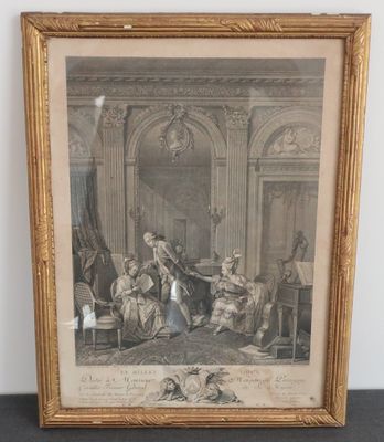 une gravure ancienne représentant une famille dans un salon