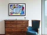 a picture of a room with a chair and a painting on the wall