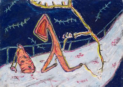 painting of a man sitting on the ground with a clock in the background