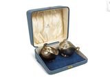 two silver vases in a blue case on a white background