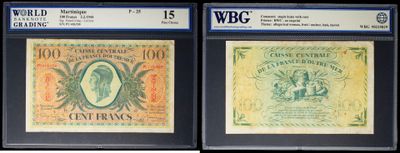 three different types of currency are on display in a display case