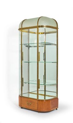 an image of a display case with glass shelves and a wooden base