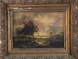 an oil painting of a landscape with trees in the foreground