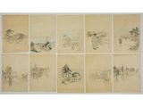 a set of six chinese ink drawings of a landscape