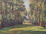 an oil painting of a field with trees and grass in the foreground