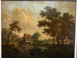 an old painting of a house in a wooded area with trees and water