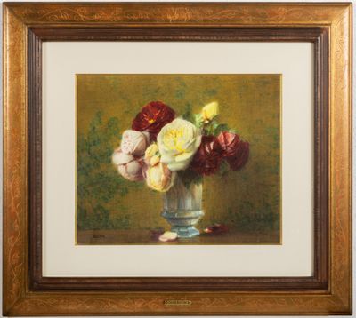 une image d'une peinture de fleurs dans un vase sur une table