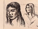 drawing of a woman and a man looking at each other in front of a window