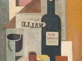 a painting of a bottle of wine and a glass of wine on a table