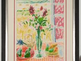 a painting of flowers in a vase on a table