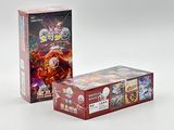 two boxes of card games are sitting side by side on a white surface