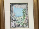 tableau encadré représentant une femme et un chat sur un balcon