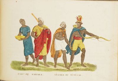 un vieux livre sur lequel figure le dessin d'un groupe d'hommes vêtus de tenues différentes